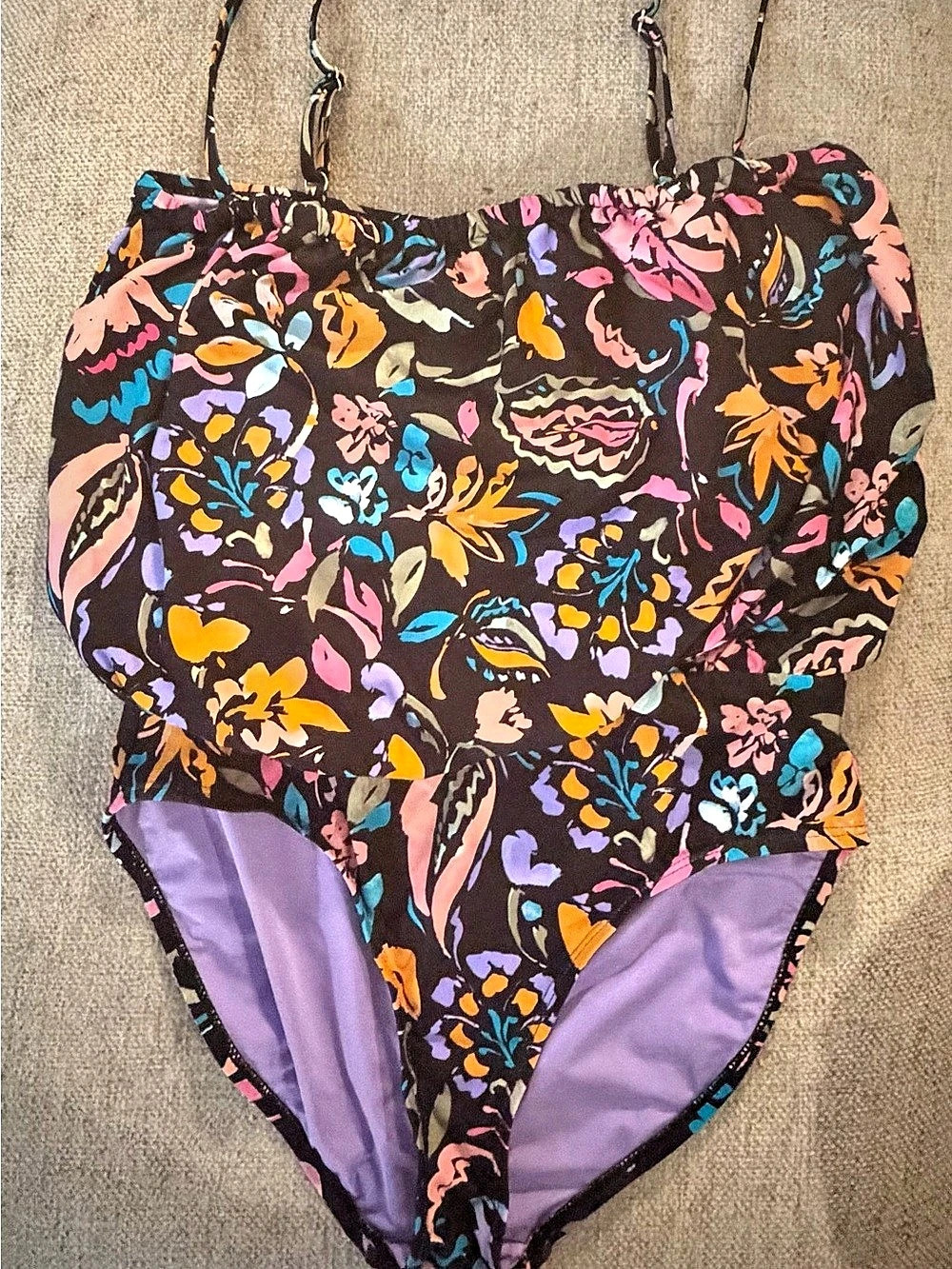 Anne Cole Floral One-Piece Swimsuit Purple & Black Size 12 Like New